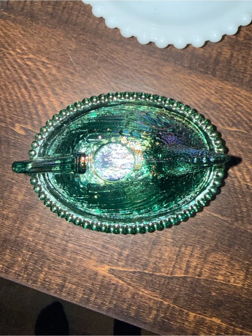 Iridescent Green Glass Hen on Nest Trinket Dish